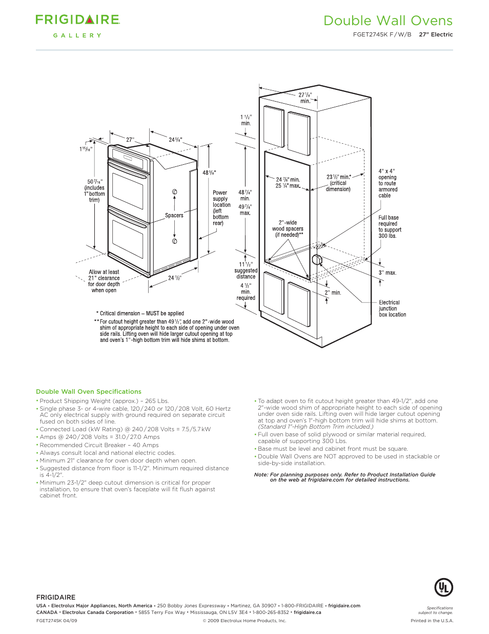 27" double electric wall oven gallery, Double wall ovens | FRIGIDAIRE Gallery FGET2745K User Manual | Page 2 / 2