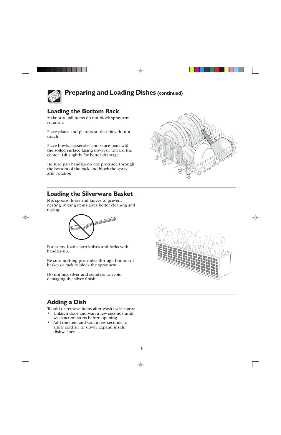 Preparing and loading dishes, Loading the bottom rack, Loading the silverware basket | Adding a dish | FRIGIDAIRE 100 User Manual | Page 11 / 20