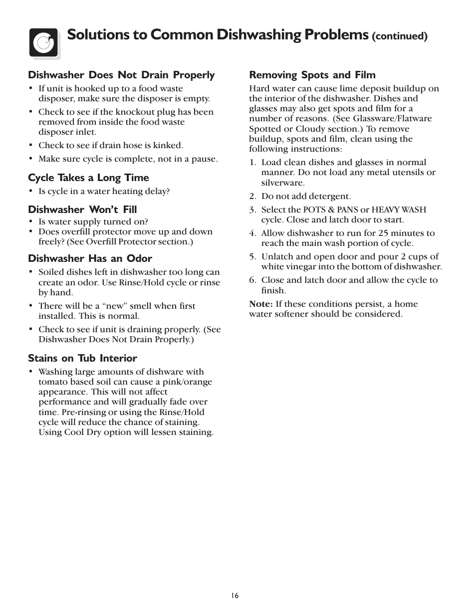 Solutions to common dishwashing problems | FRIGIDAIRE 100 User Manual | Page 18 / 20