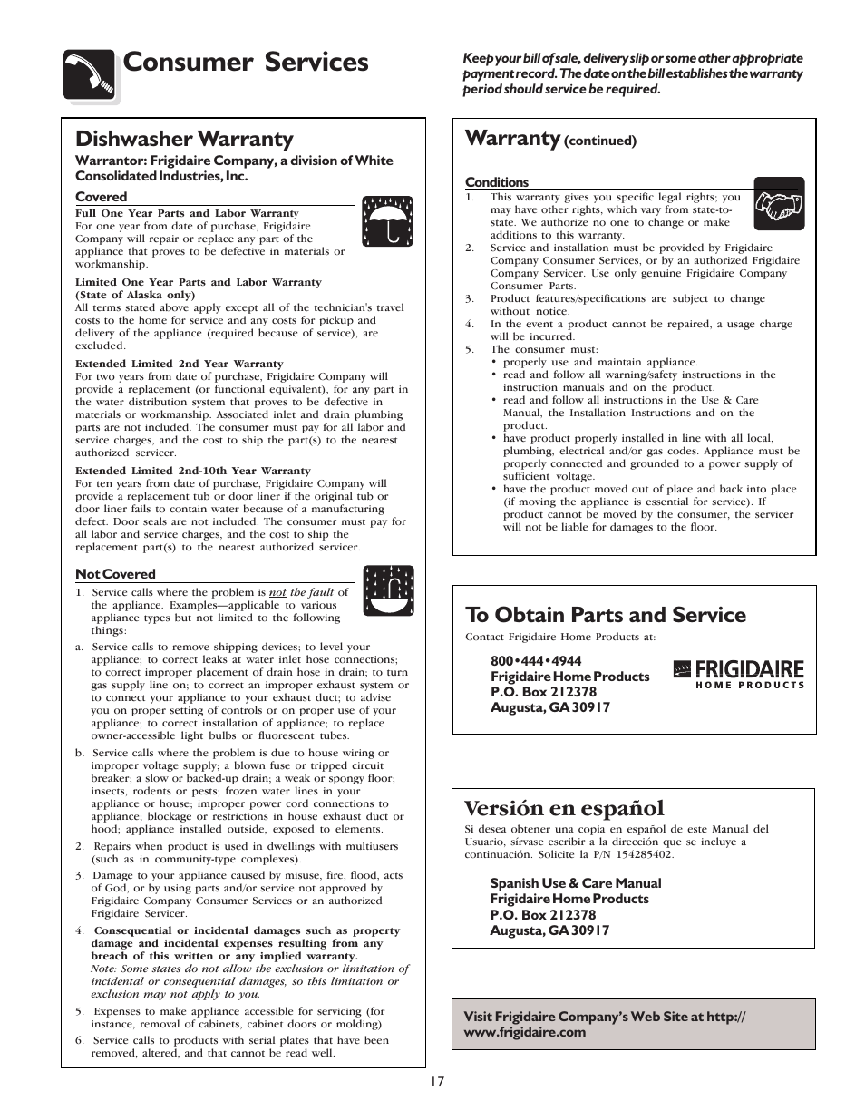 Consumer services, Dishwasher warranty, Versión en español | Warranty | FRIGIDAIRE 100 User Manual | Page 19 / 20