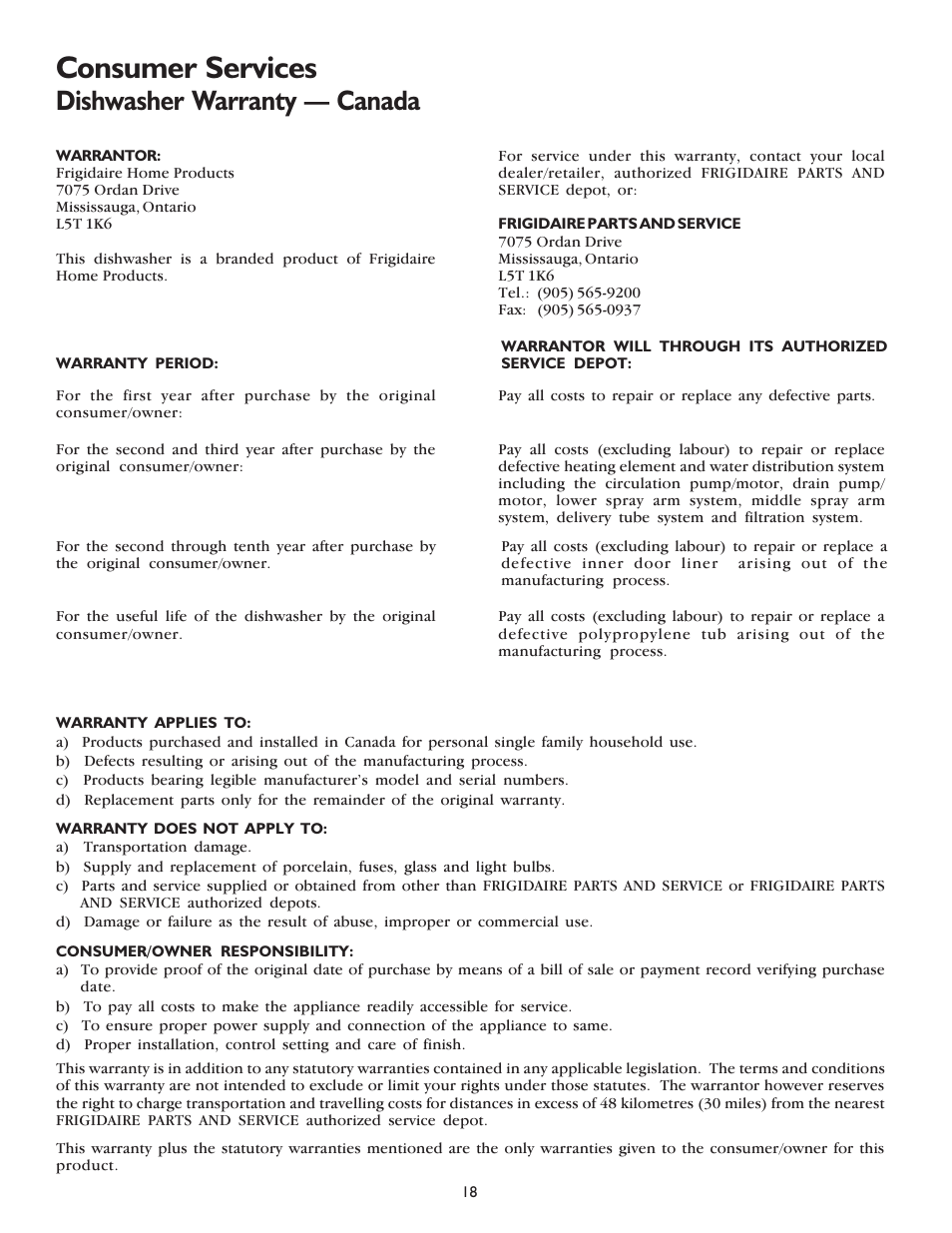 Consumer services, Dishwasher warranty  canada | FRIGIDAIRE 100 User Manual | Page 20 / 20