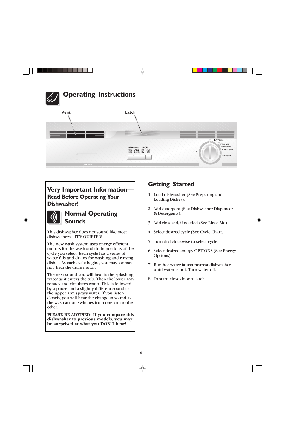 Operating instructions, Getting started, Very important information | Normal operating sounds, Read before operating your dishwasher | FRIGIDAIRE 100 User Manual | Page 8 / 20