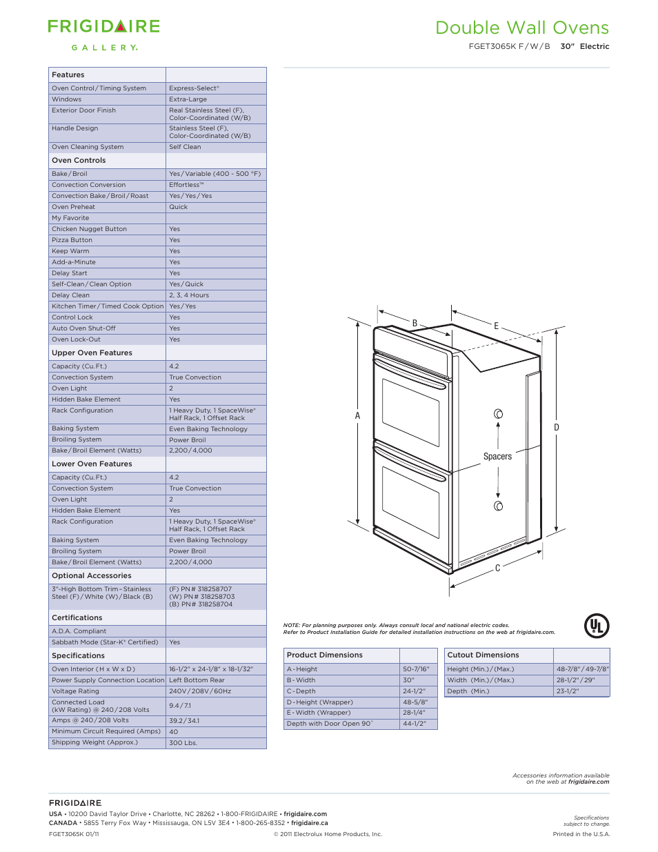 Double electric wall ovens frigidaire baseline, Double wall ovens | FRIGIDAIRE GALLERY FGET3065K User Manual | Page 2 / 5