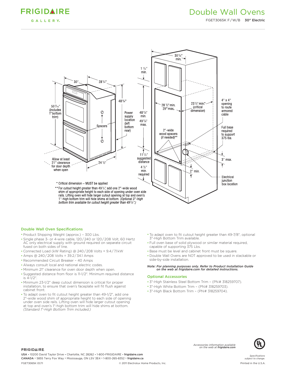 30" double electric wall oven gallery, Double wall ovens | FRIGIDAIRE GALLERY FGET3065K User Manual | Page 3 / 5