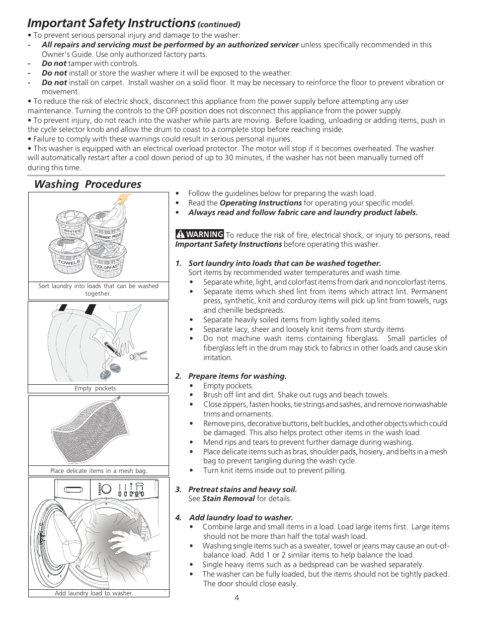 Important safety instructions, Washing procedures | FRIGIDAIRE 134850600B User Manual | Page 4 / 11