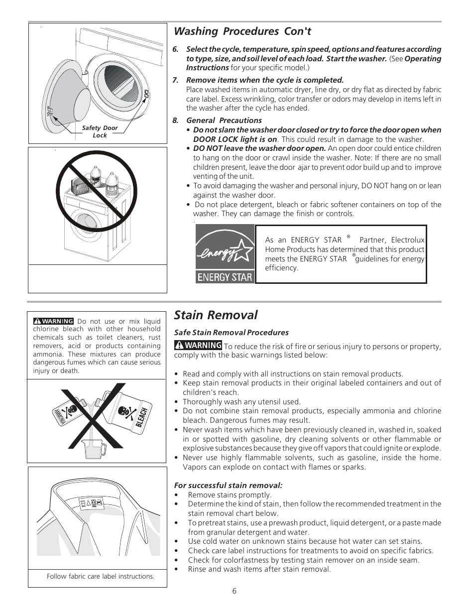 Stain removal, Washing procedures con't | FRIGIDAIRE 134850600B User Manual | Page 6 / 11