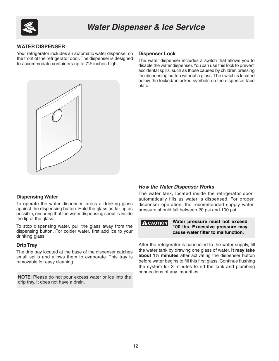 Water dispenser & ice service | FRIGIDAIRE 241694800 User Manual | Page 12 / 20
