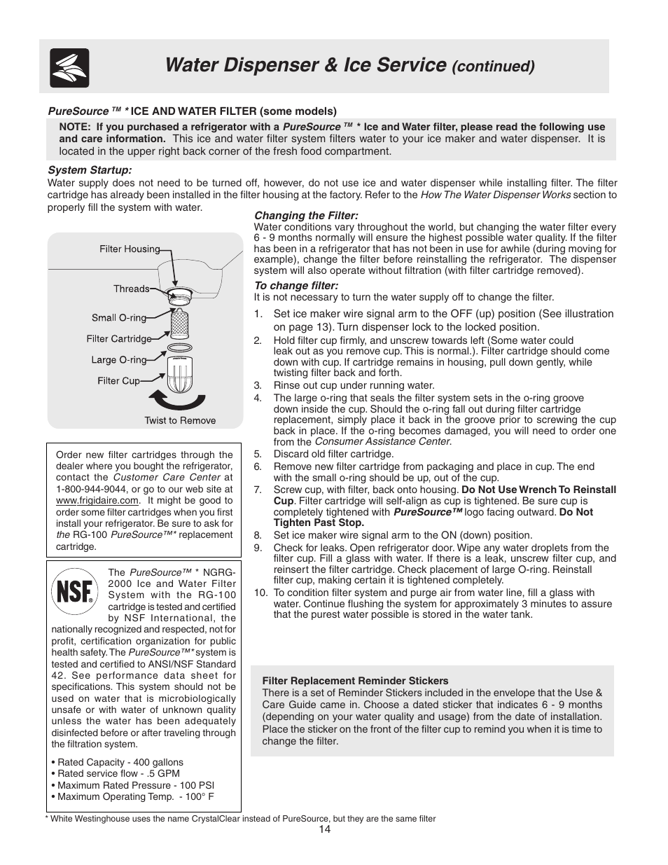 Water dispenser & ice service, Continued) | FRIGIDAIRE 241694800 User Manual | Page 14 / 20