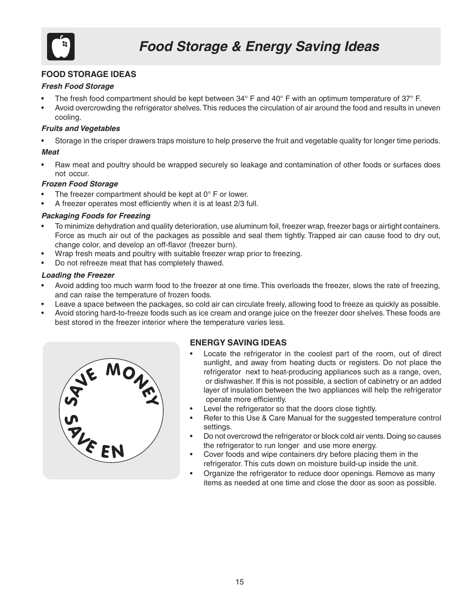 Food storage & energy saving ideas | FRIGIDAIRE 241694800 User Manual | Page 15 / 20