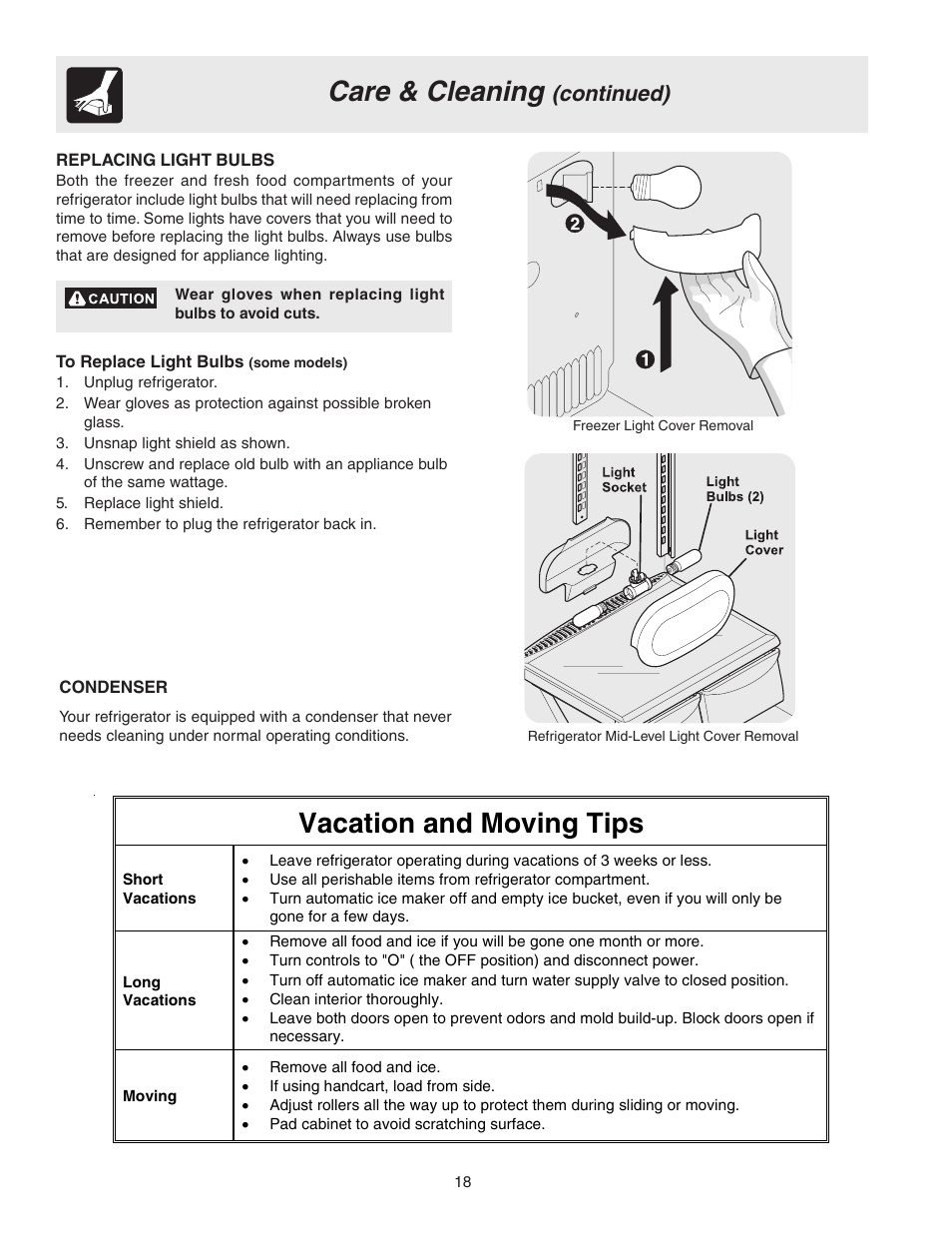 Care & cleaning, Vacation and moving tips, Continued) | FRIGIDAIRE 241694800 User Manual | Page 18 / 20