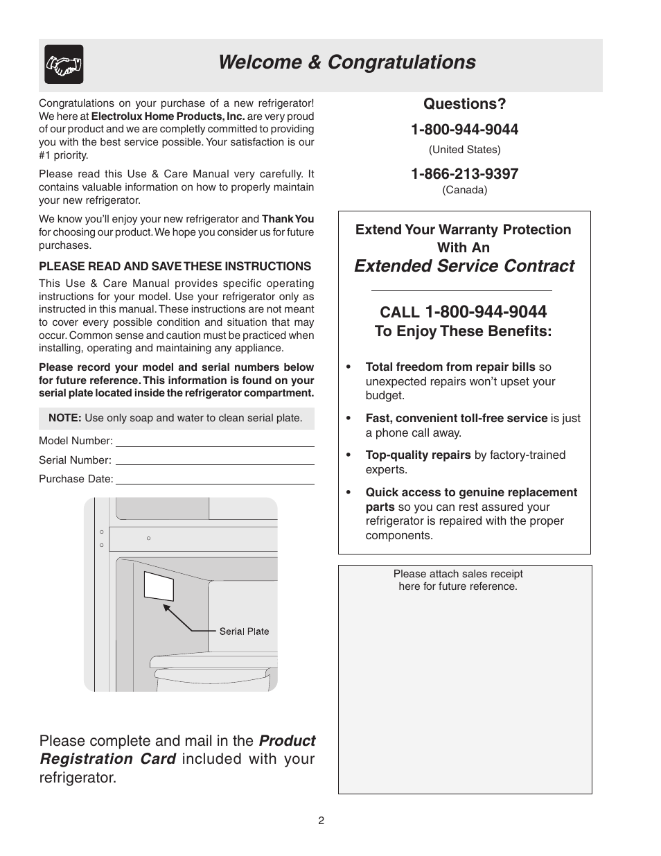 Extended service contract, Product registration card | FRIGIDAIRE 241694800 User Manual | Page 2 / 20