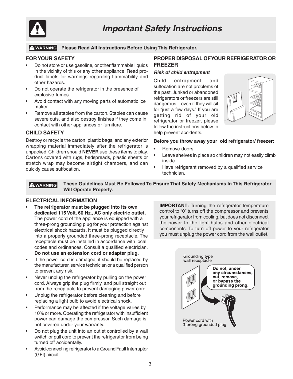 Important safety instructions | FRIGIDAIRE 241694800 User Manual | Page 3 / 20