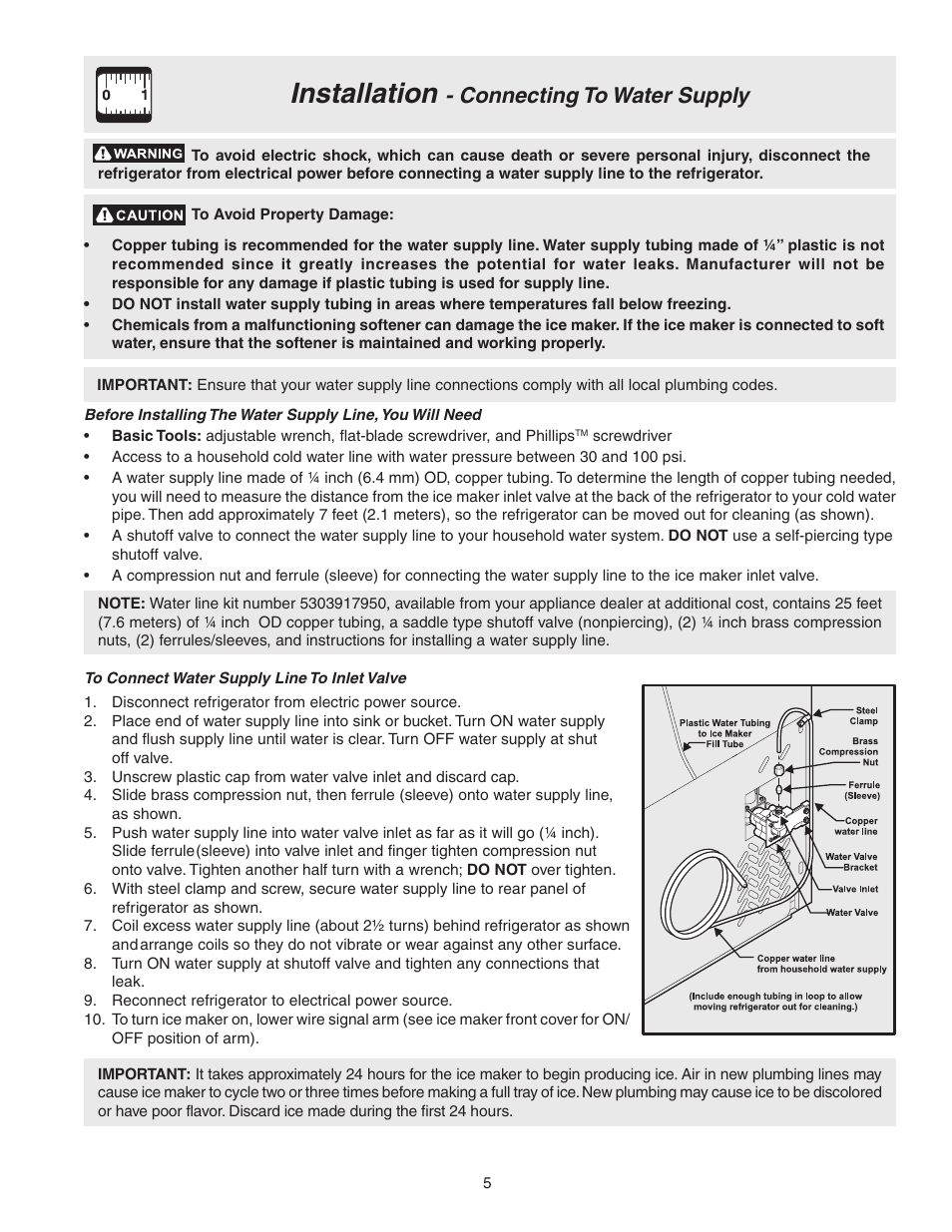 Installation, Connecting to water supply | FRIGIDAIRE 241694800 User Manual | Page 5 / 20