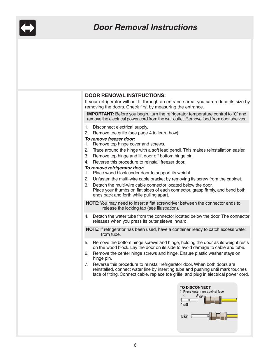 Door removal instructions | FRIGIDAIRE 241694800 User Manual | Page 6 / 20