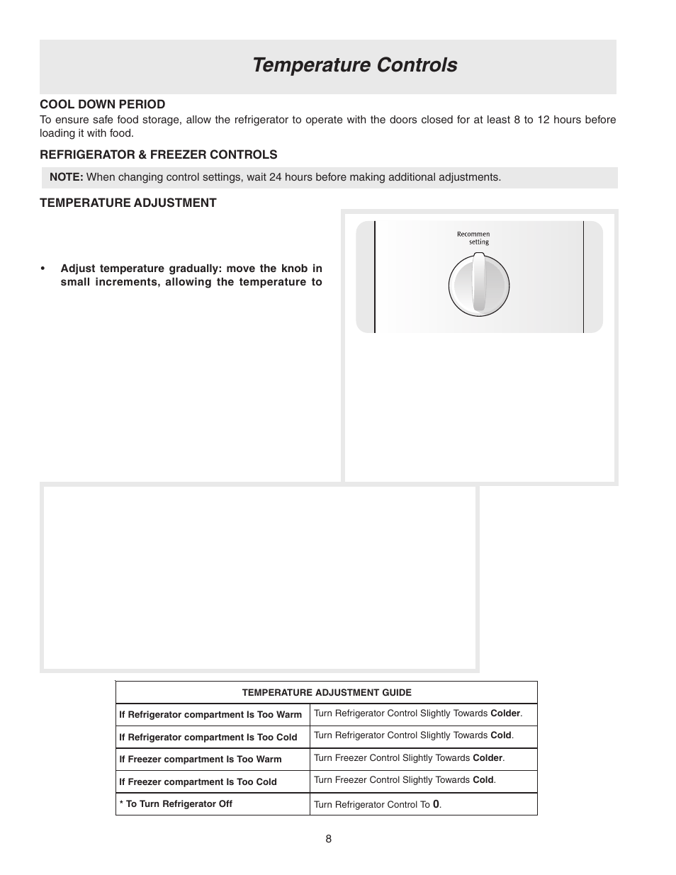 Temperature controls, Cool down period, Refrigerator & freezer controls | Temperature adjustment | FRIGIDAIRE 241694800 User Manual | Page 8 / 20