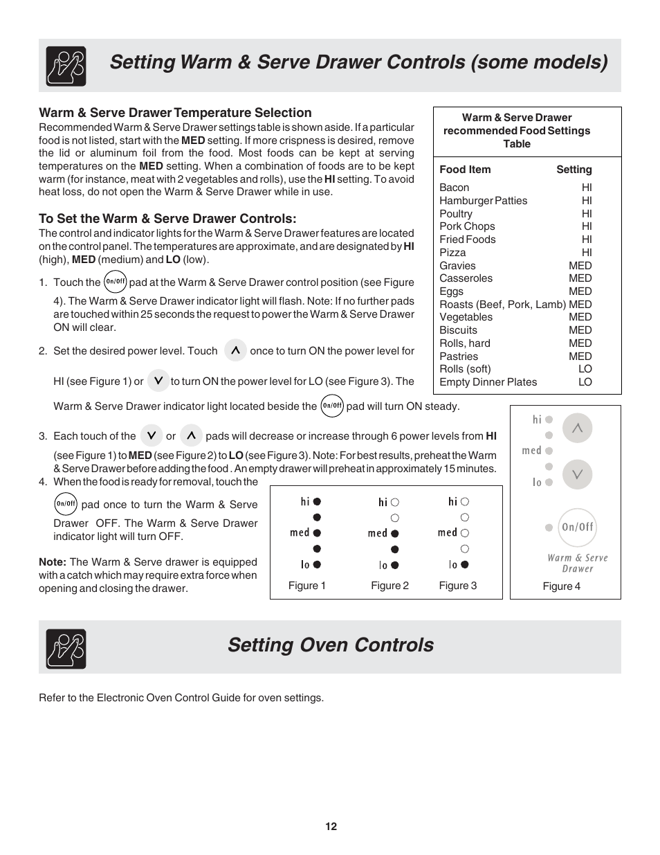 Setting warm & serve drawer controls (some models), Setting oven controls | FRIGIDAIRE 318203870 User Manual | Page 12 / 24
