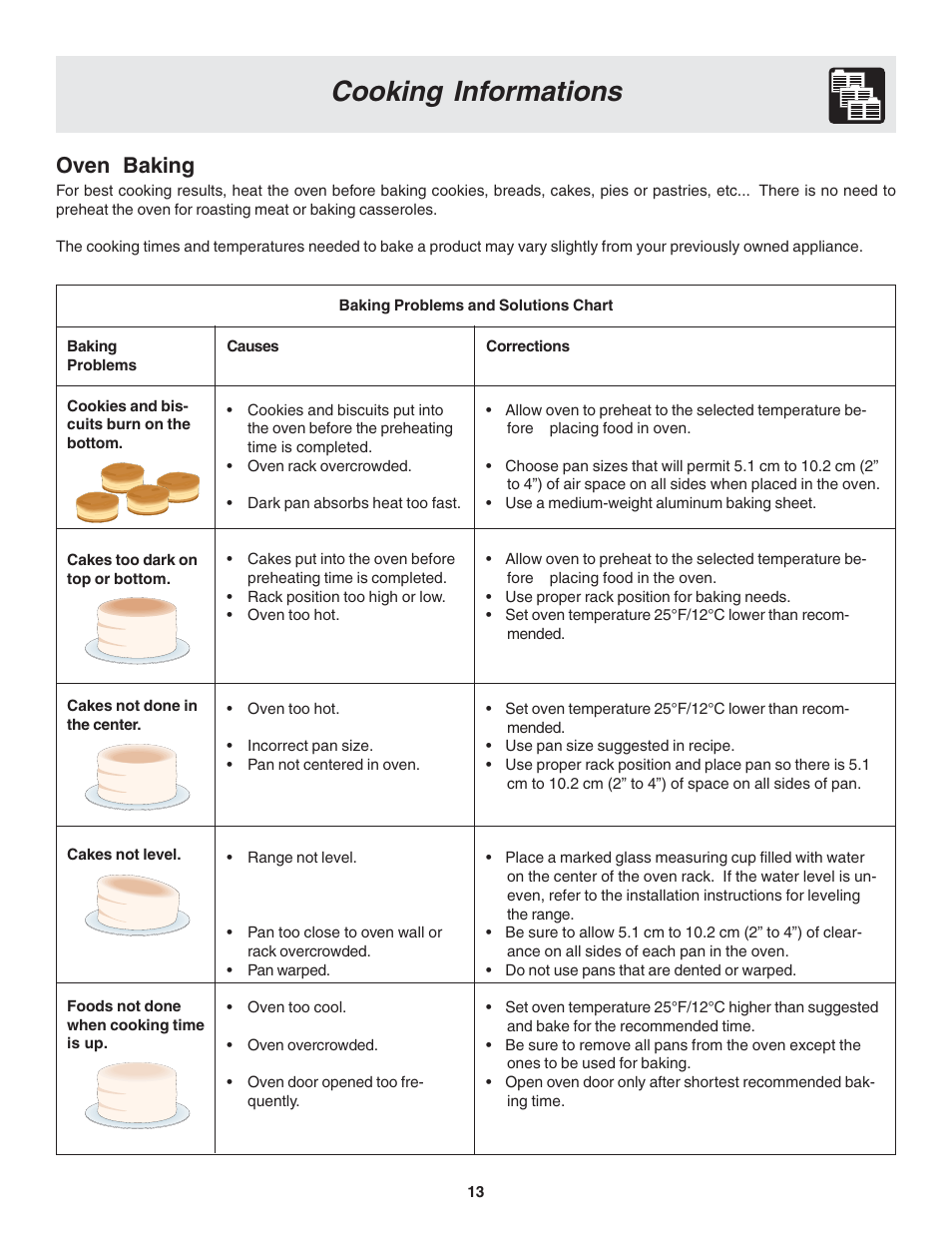Cooking informations, Oven baking | FRIGIDAIRE 318203870 User Manual | Page 13 / 24