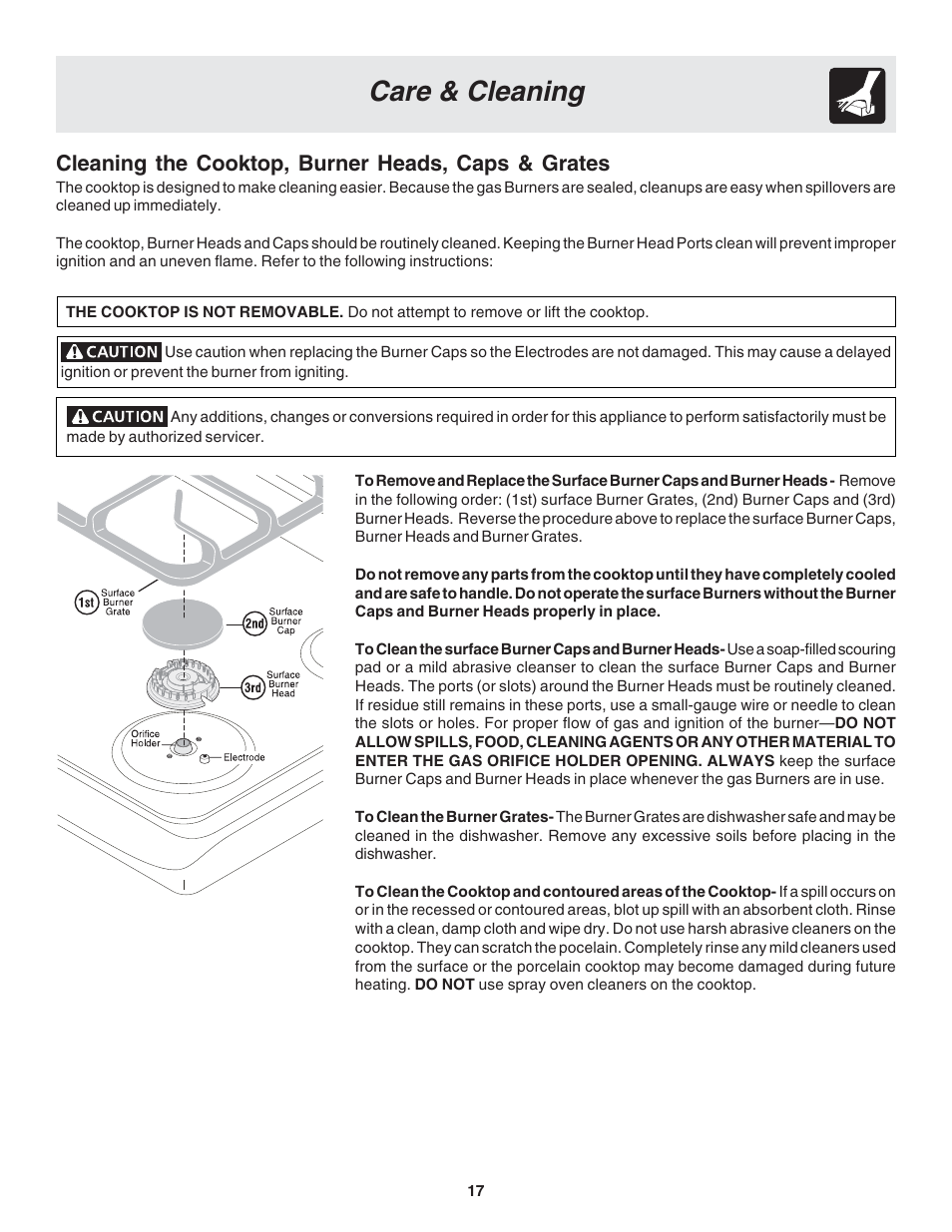 Care & cleaning, Cleaning the cooktop, burner heads, caps & grates | FRIGIDAIRE 318203870 User Manual | Page 17 / 24