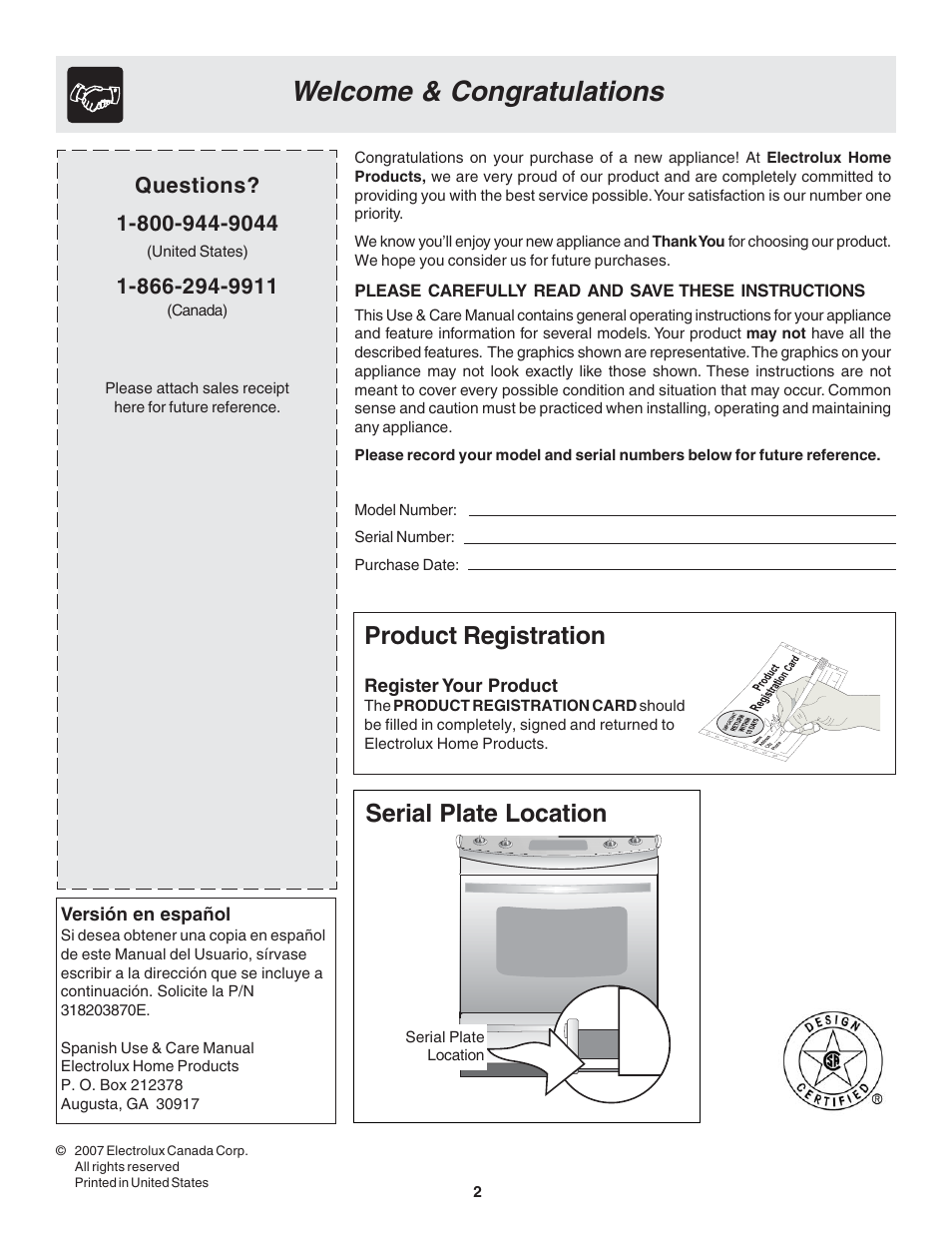 Product registration, Serial plate location | FRIGIDAIRE 318203870 User Manual | Page 2 / 24