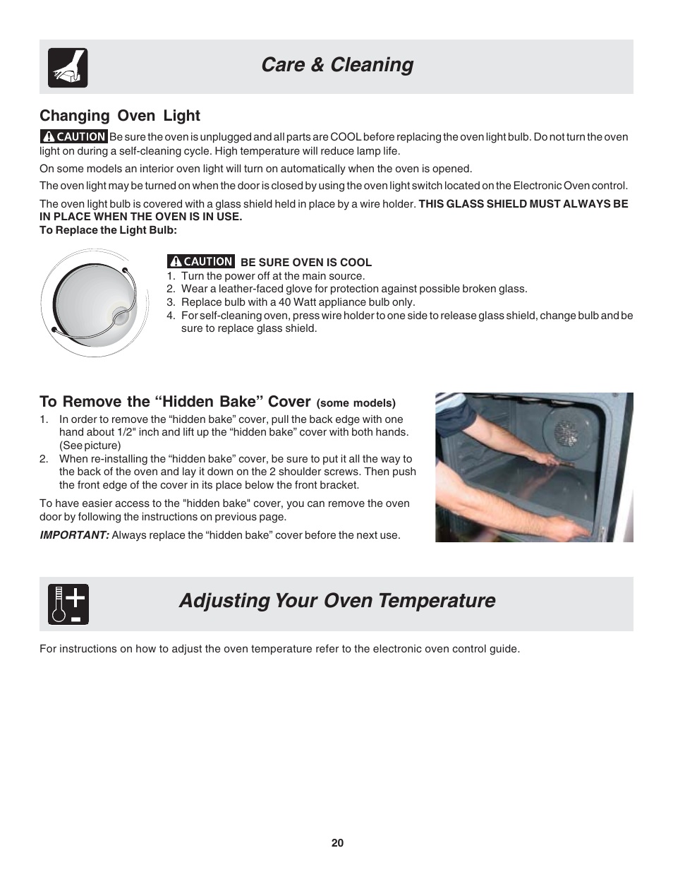 Care & cleaning adjusting your oven temperature, Changing oven light | FRIGIDAIRE 318203870 User Manual | Page 20 / 24