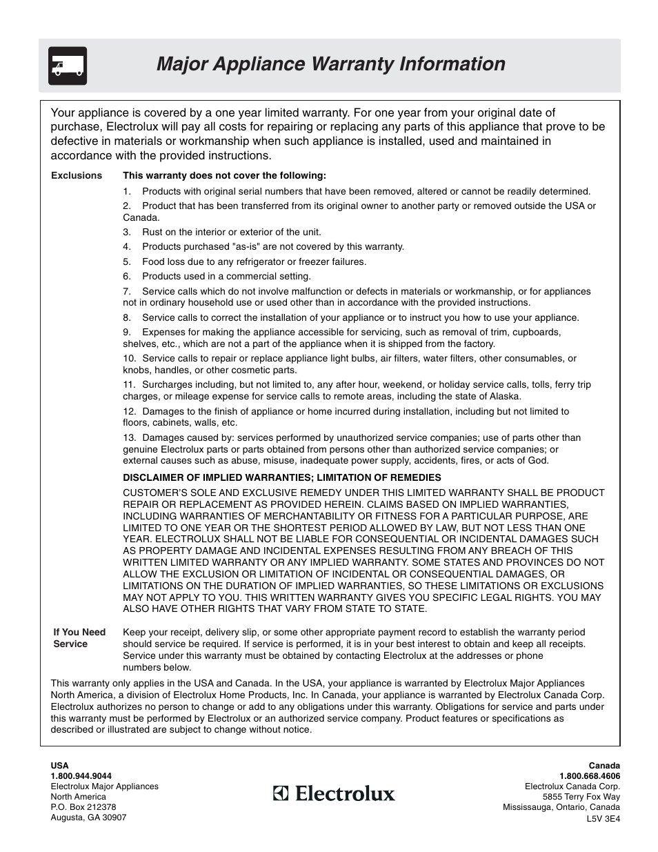 Major appliance warranty information | FRIGIDAIRE 318203870 User Manual | Page 24 / 24