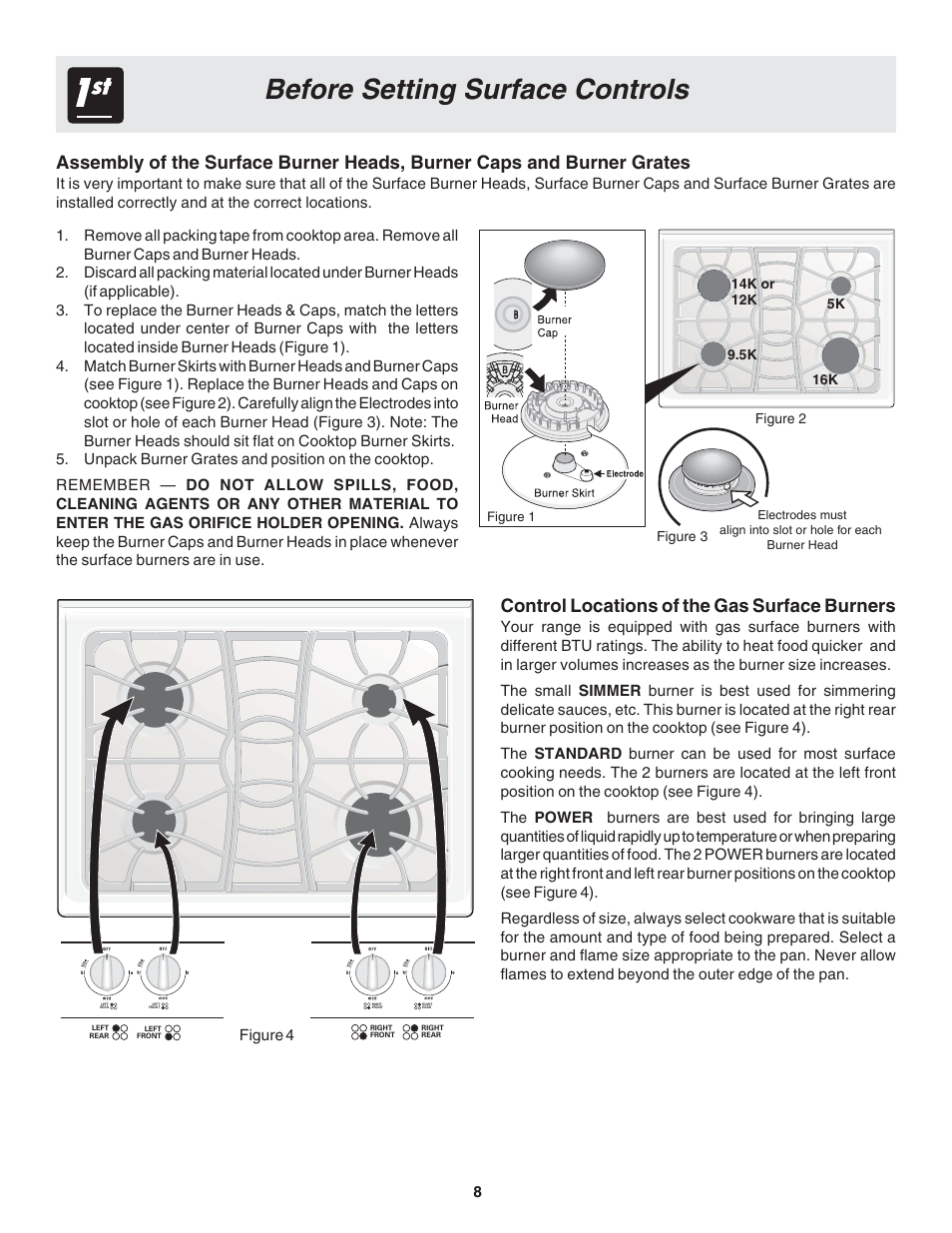 Before setting surface controls, Control locations of the gas surface burners | FRIGIDAIRE 318203870 User Manual | Page 8 / 24