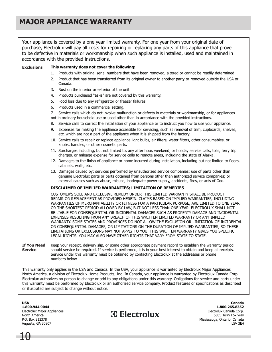 Major appliance warranty information, Major appliance warranty | FRIGIDAIRE 242101800 User Manual | Page 10 / 10