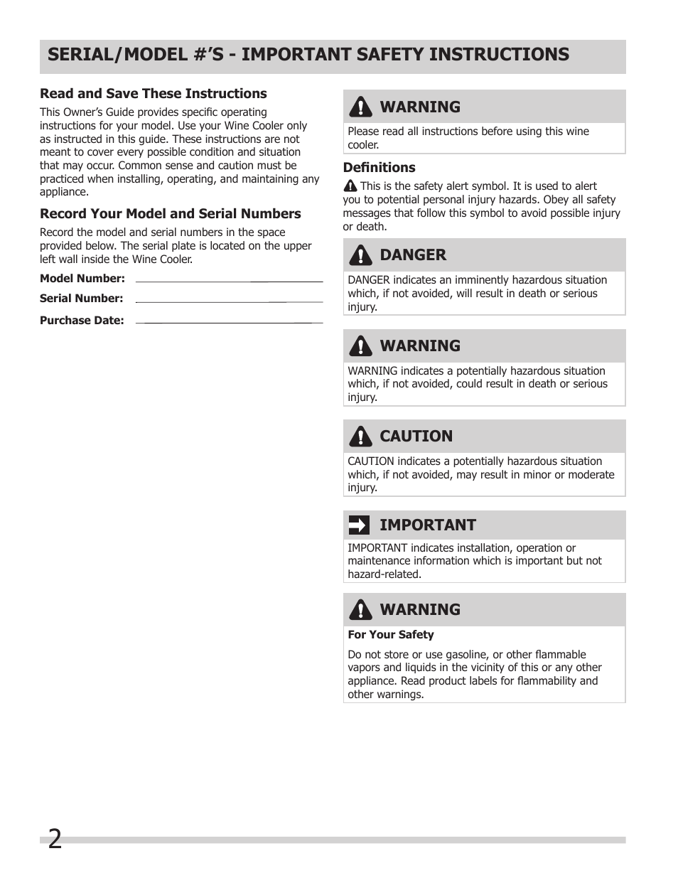 Serial/model #’s - important safety instructions, Warning, Important | Danger, Caution | FRIGIDAIRE 242101800 User Manual | Page 2 / 10