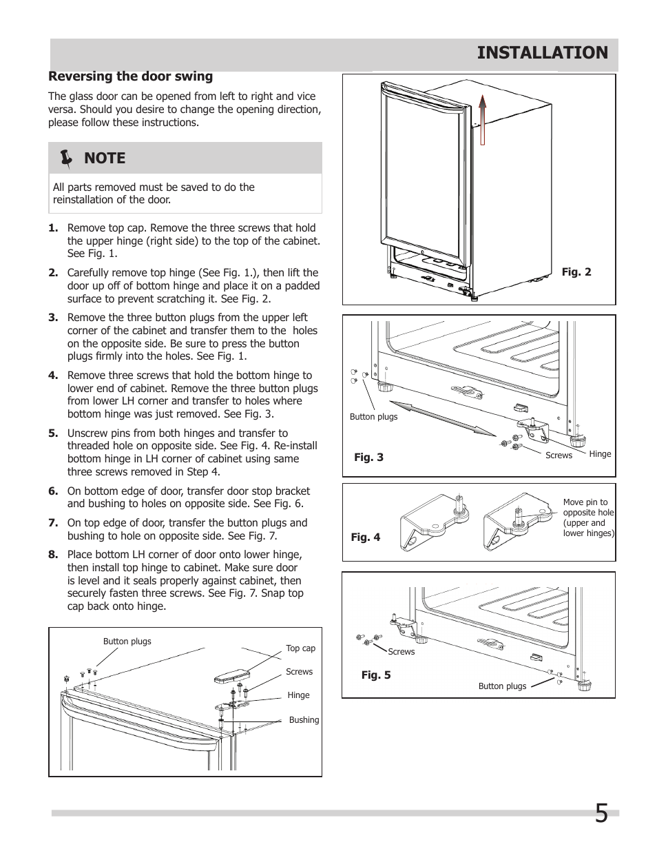 Installation, Reversing the door swing | FRIGIDAIRE 242101800 User Manual | Page 5 / 10