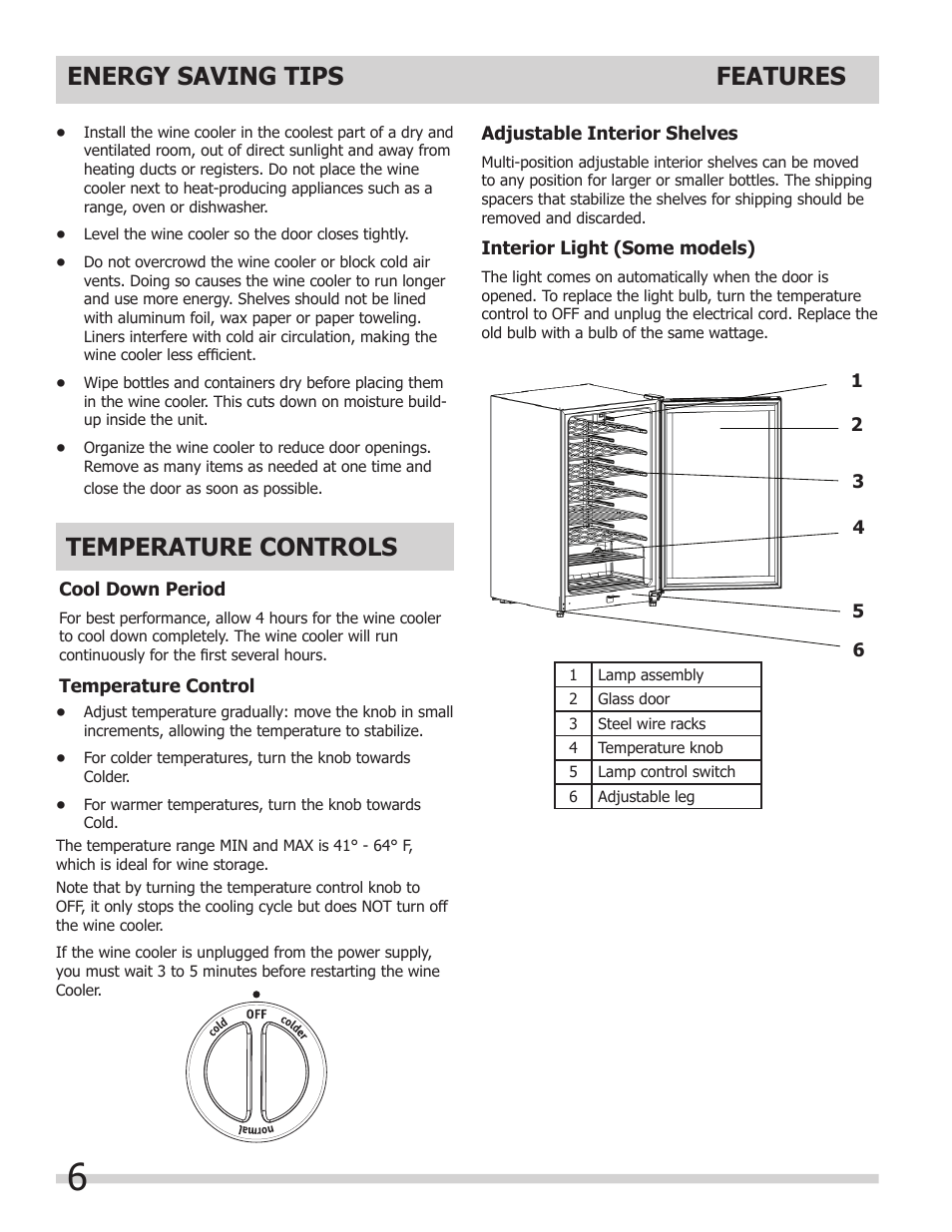 Energy saving tips temperature controls, Features | FRIGIDAIRE 242101800 User Manual | Page 6 / 10