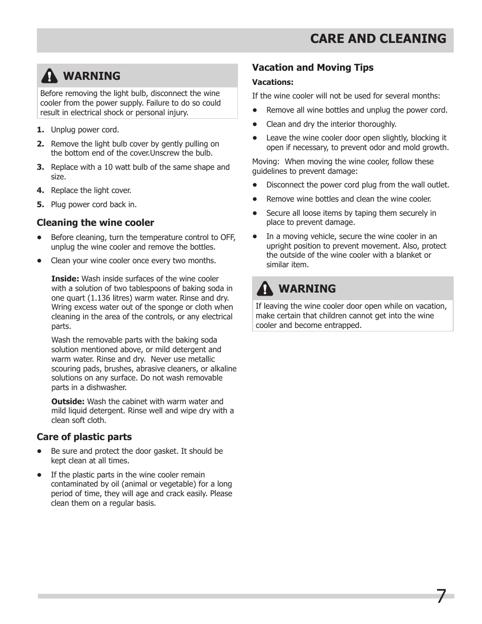 Care and cleaning, Warning | FRIGIDAIRE 242101800 User Manual | Page 7 / 10