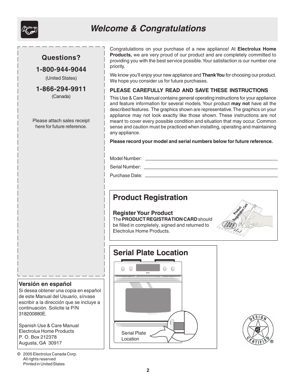 Product registration, Serial plate location | FRIGIDAIRE 318200880 User Manual | Page 2 / 24