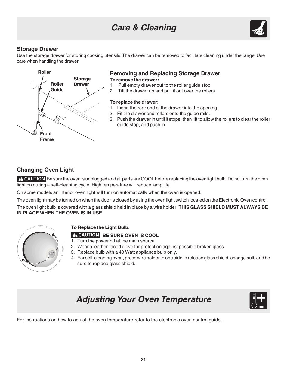 Adjusting your oven temperature, Care & cleaning | FRIGIDAIRE 318200880 User Manual | Page 21 / 24