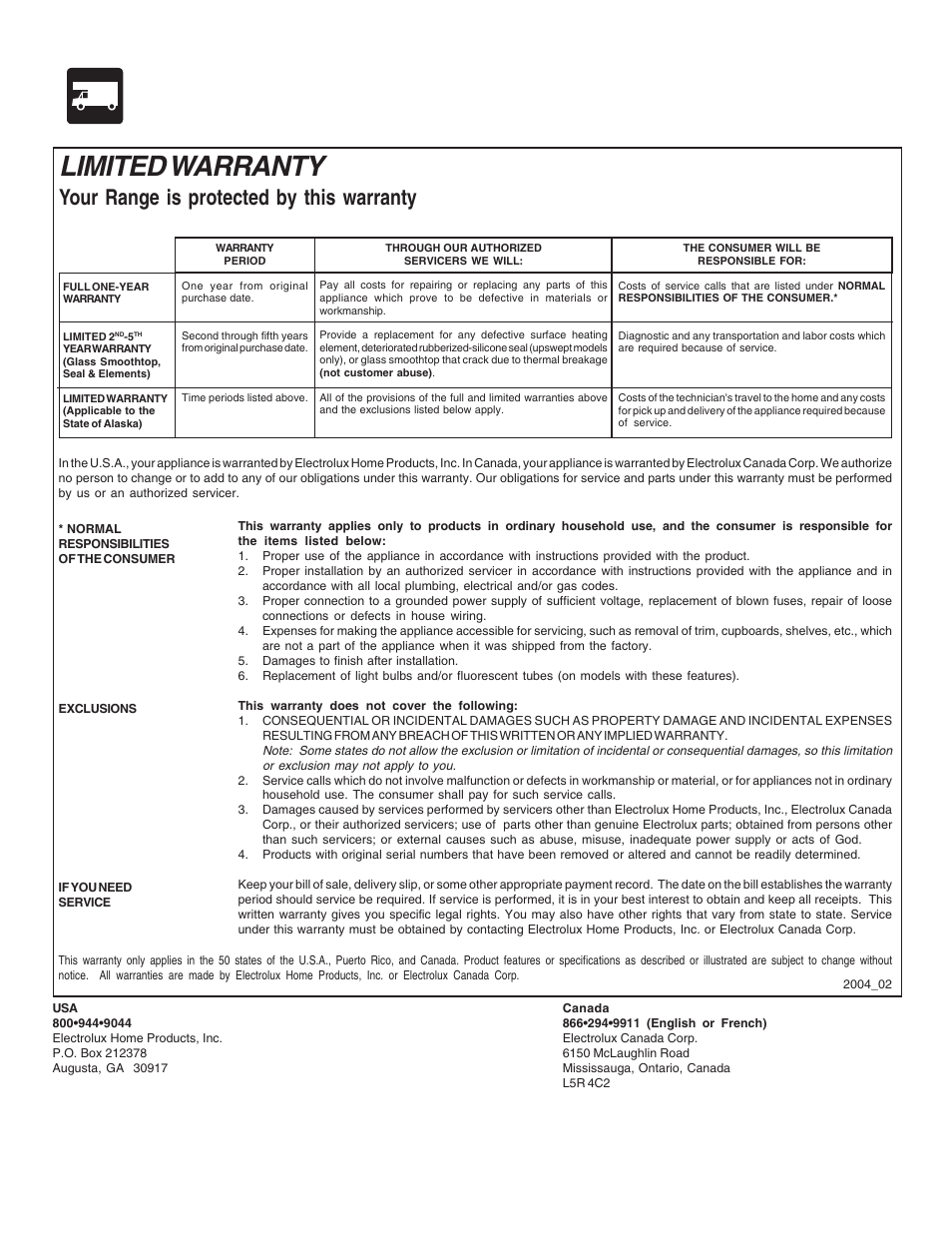 Limited warranty, Your range is protected by this warranty | FRIGIDAIRE 318200880 User Manual | Page 24 / 24