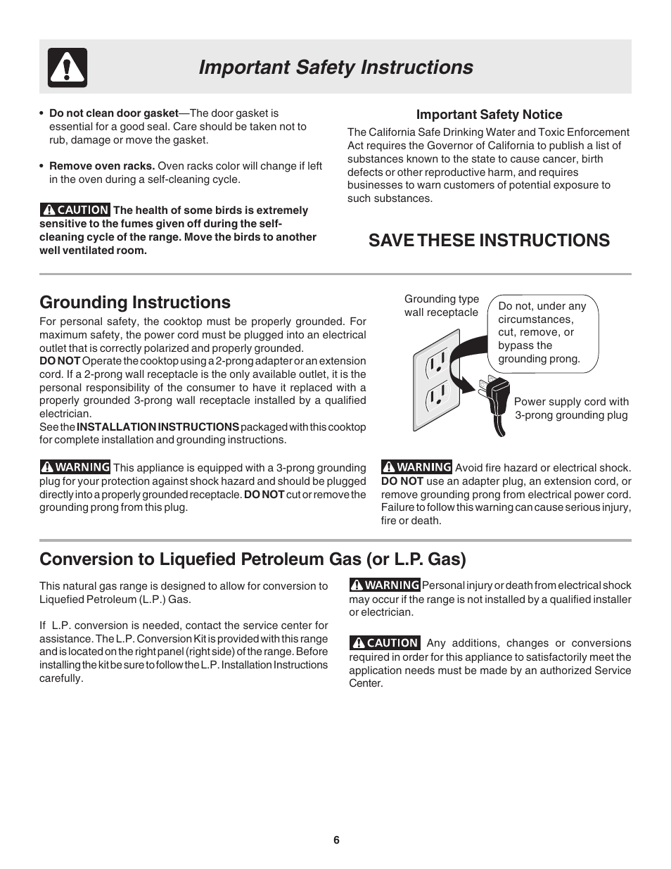 Important safety instructions, Save these instructions, Grounding instructions | FRIGIDAIRE 318200880 User Manual | Page 6 / 24