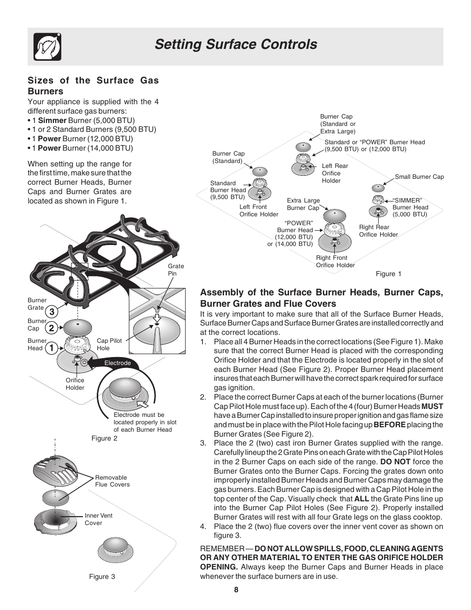 Setting surface controls, Sizes of the surface gas burners | FRIGIDAIRE 318200880 User Manual | Page 8 / 24