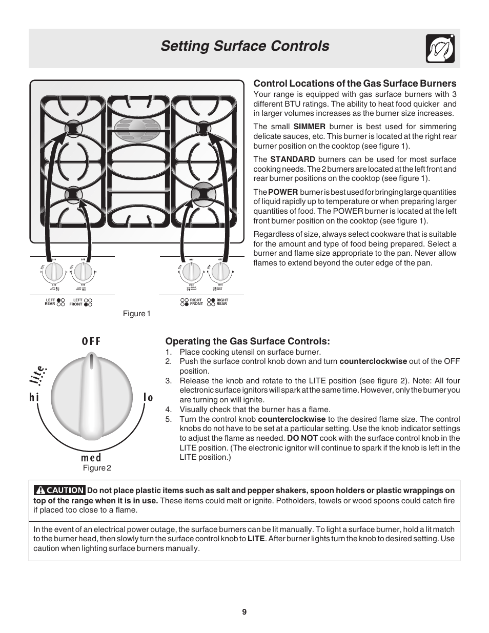 Setting surface controls, Operating the gas surface controls, Control locations of the gas surface burners | FRIGIDAIRE 318200880 User Manual | Page 9 / 24