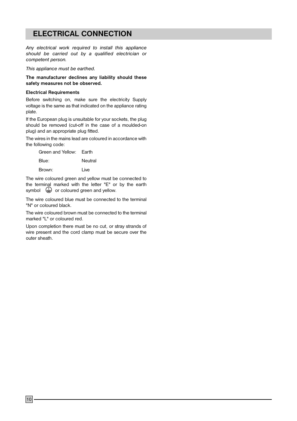 Electrical connection | FRIGIDAIRE FCFH 183 BW User Manual | Page 10 / 11
