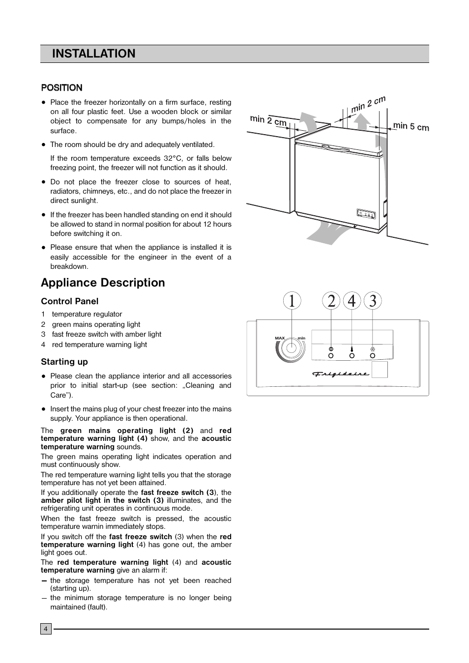 Appliance description, Installation | FRIGIDAIRE FCFH 183 BW User Manual | Page 4 / 11