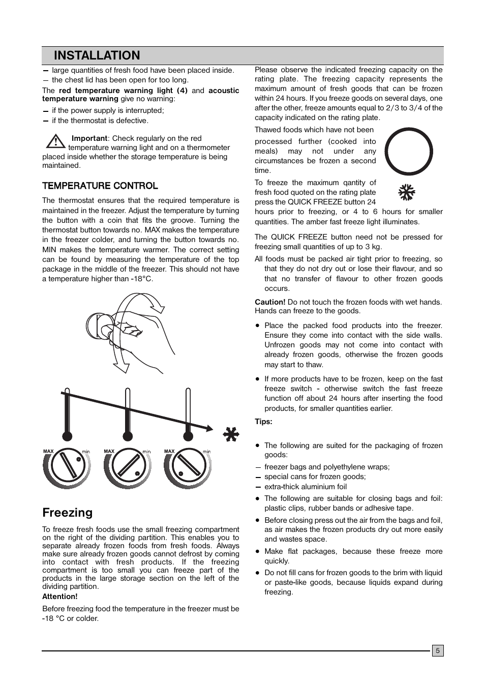 Freezing, Installation | FRIGIDAIRE FCFH 183 BW User Manual | Page 5 / 11