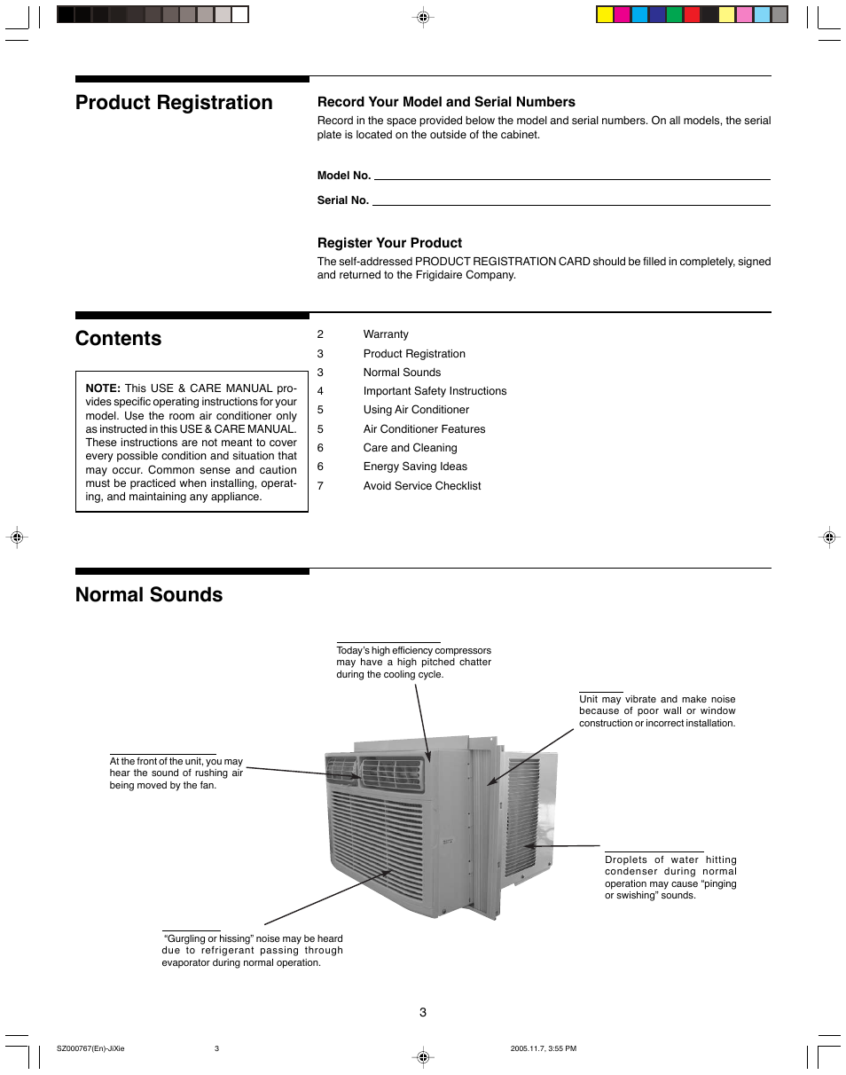 Product registration contents normal sounds | FRIGIDAIRE 220202D044 User Manual | Page 3 / 7