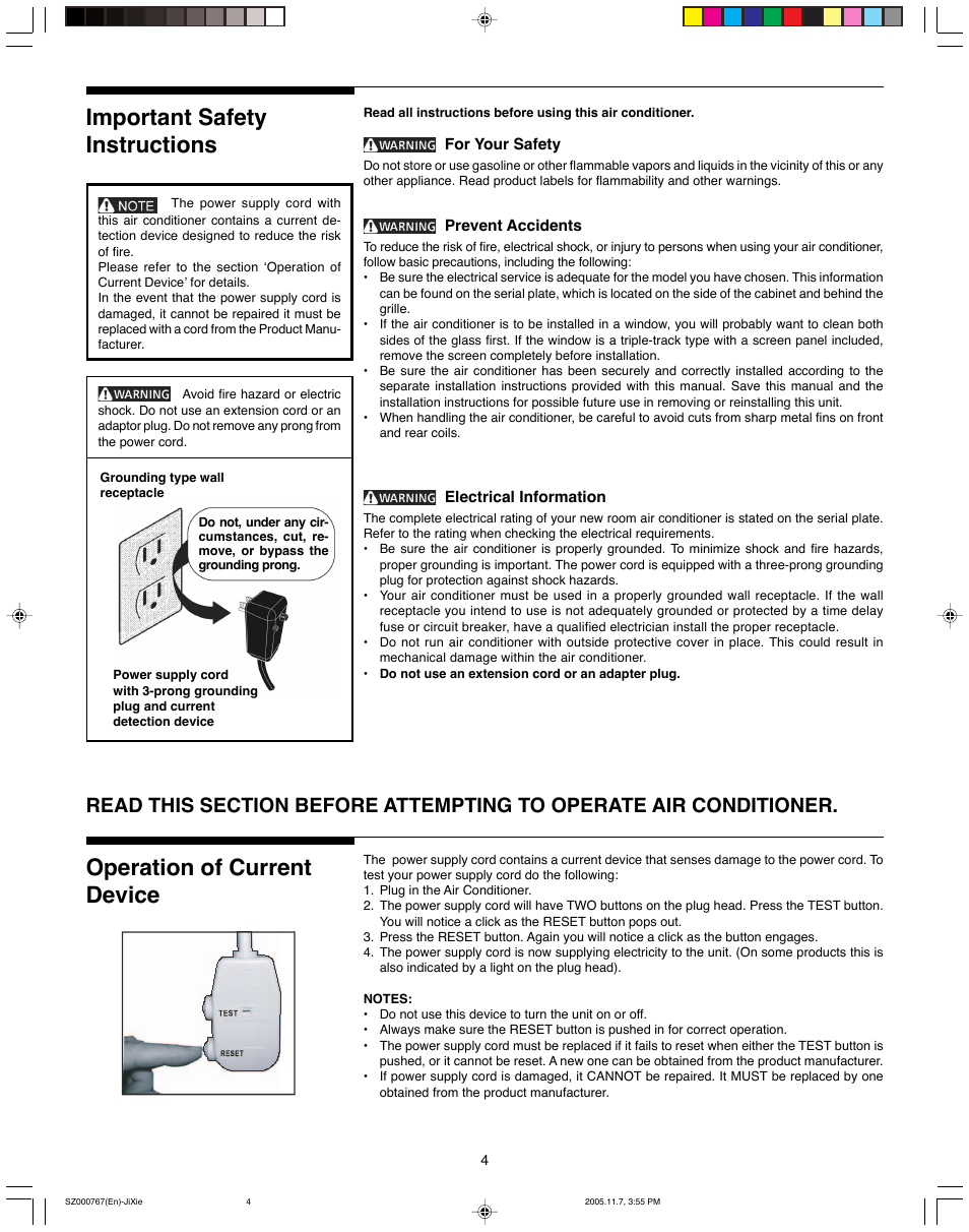 Important safety instructions, Operation of current device | FRIGIDAIRE 220202D044 User Manual | Page 4 / 7