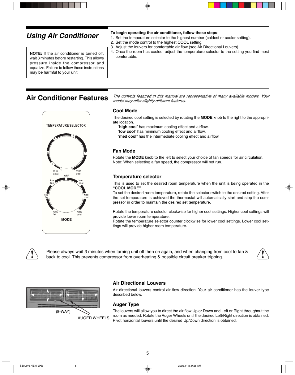 Using air conditioner, Air conditioner features | FRIGIDAIRE 220202D044 User Manual | Page 5 / 7