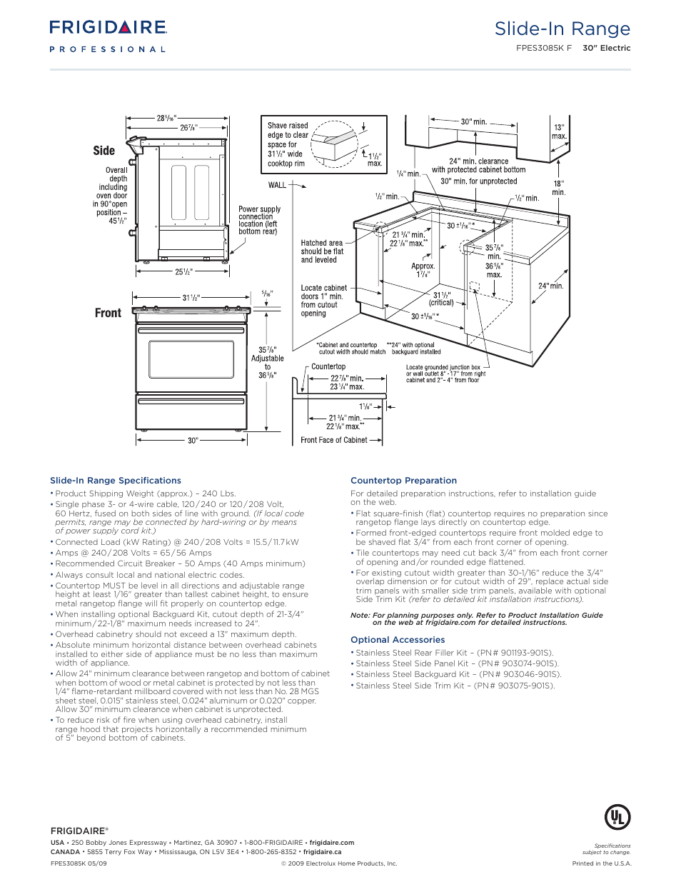 30" electric slide-in range professional, Slide-in range | FRIGIDAIRE Professional FPES3085K F User Manual | Page 2 / 2