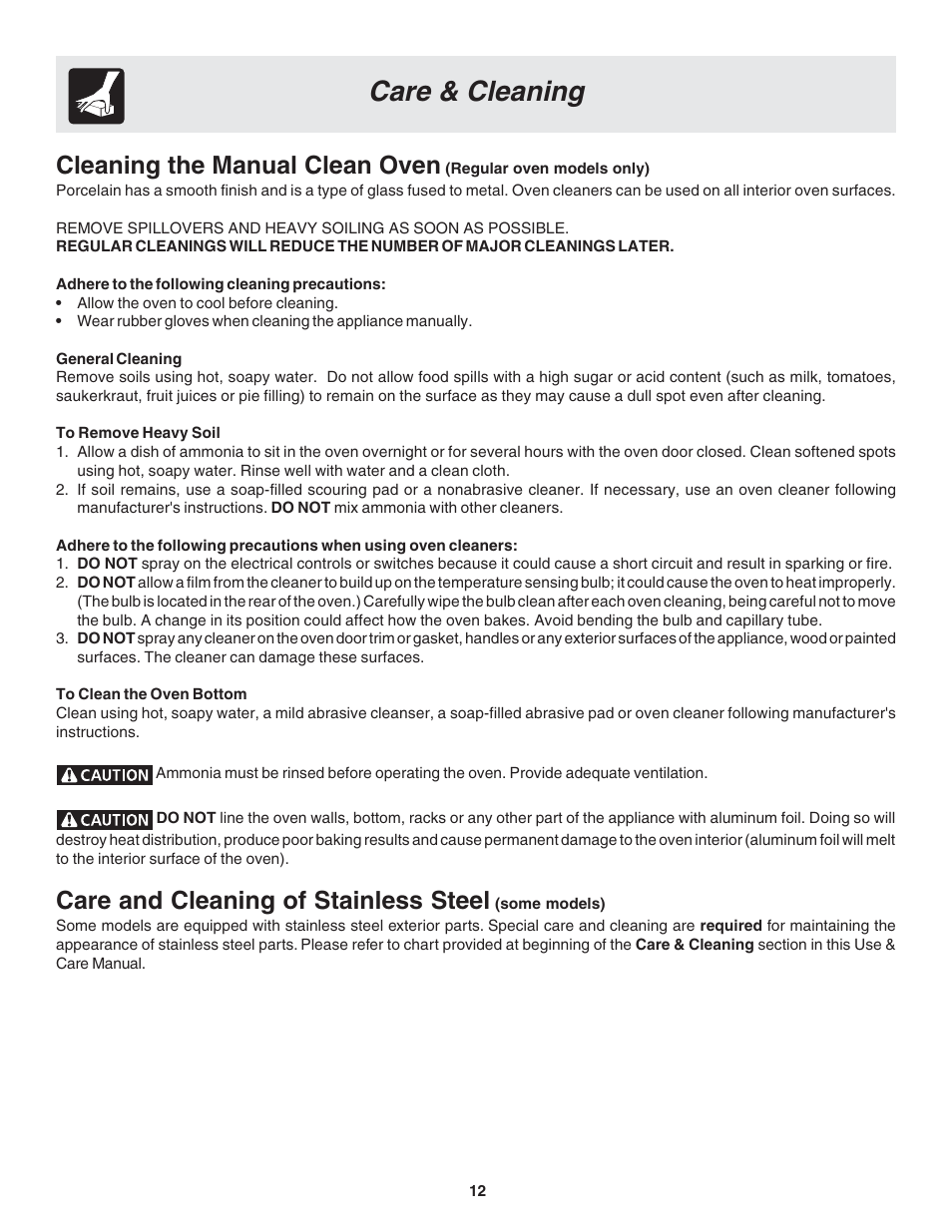 Care & cleaning, Cleaning the manual clean oven, Care and cleaning of stainless steel | FRIGIDAIRE 318205116 User Manual | Page 12 / 16