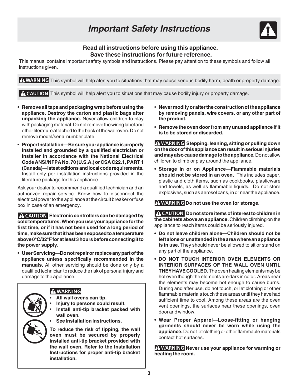 Important safety instructions | FRIGIDAIRE 318205116 User Manual | Page 3 / 16