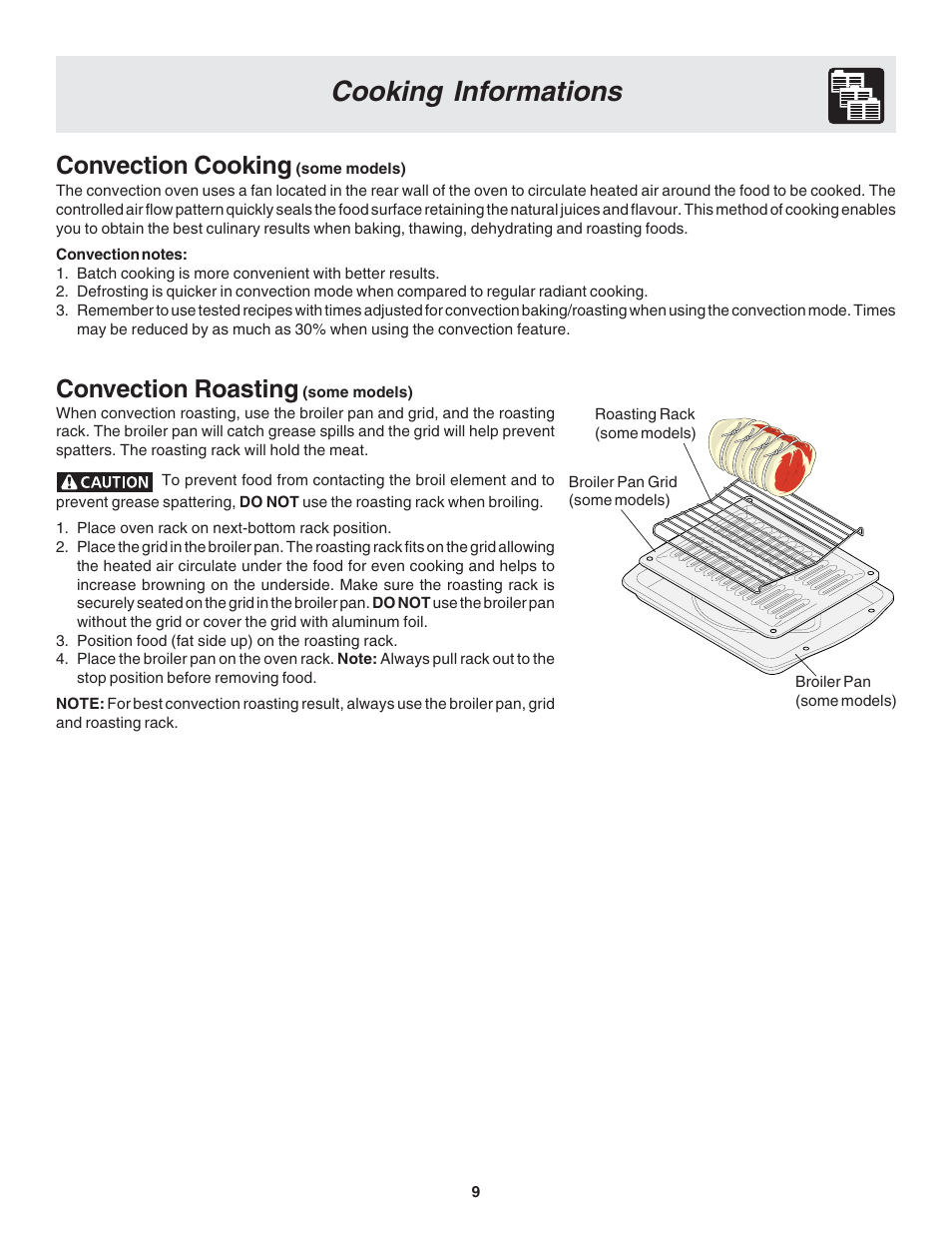 Cooking informations, Convection cooking, Convection roasting | FRIGIDAIRE 318205116 User Manual | Page 9 / 16