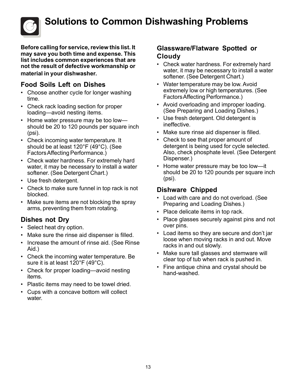 Solutions to common dishwashing problems | FRIGIDAIRE 154595201 User Manual | Page 13 / 16