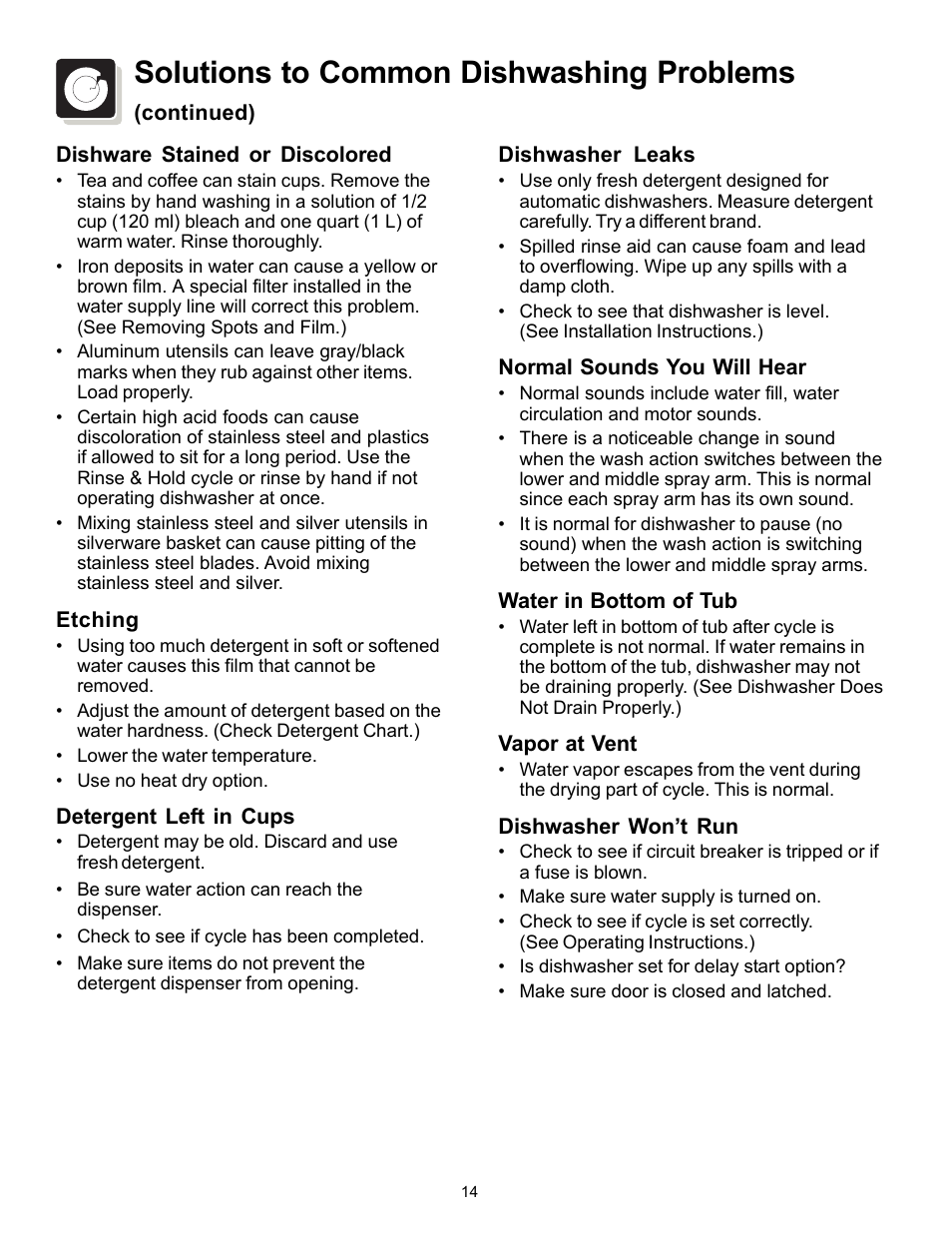Solutions to common dishwashing problems | FRIGIDAIRE 154595201 User Manual | Page 14 / 16