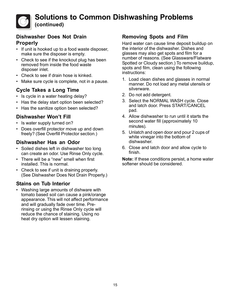 Solutions to common dishwashing problems | FRIGIDAIRE 154595201 User Manual | Page 15 / 16